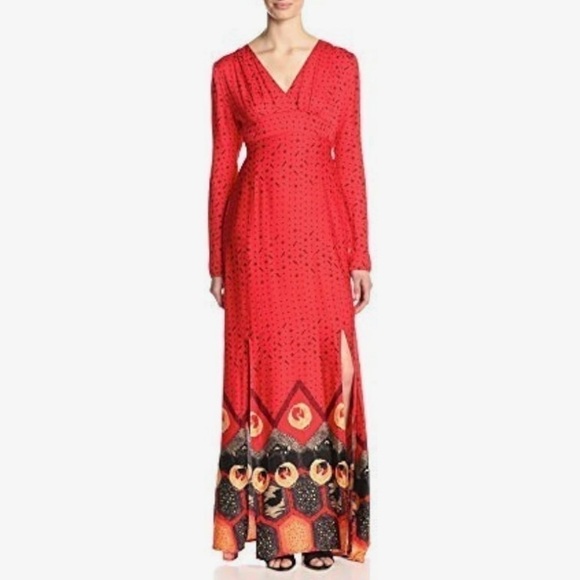 Minkpink Dancing Crane Long Sleeve‎ V-Neck Maxi Dress in Red, Size Medium - Picture 1 of 15